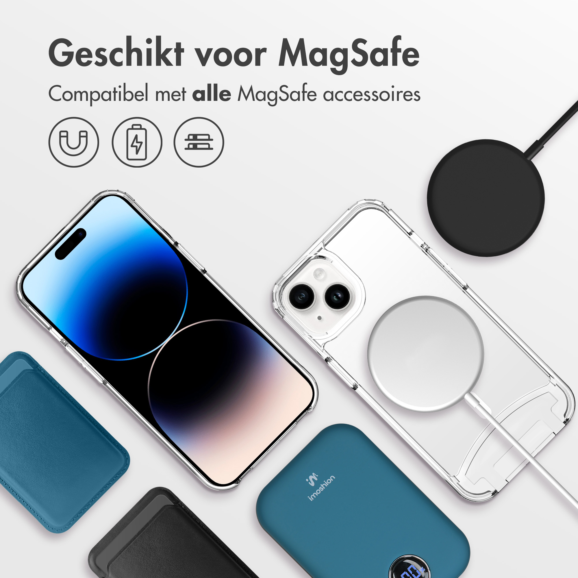 Téléphone avec accessoires, dont un chargeur, un porte-cartes et une batterie externe.