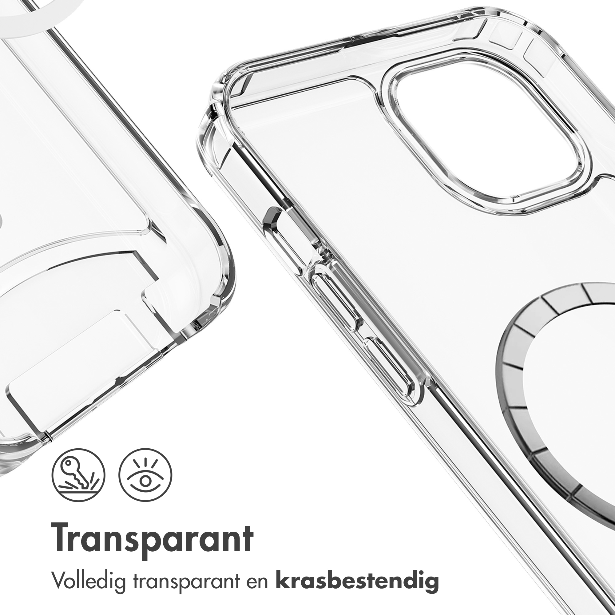 Deux coques de téléphone transparentes. Texte en néerlandais : Transparent et résistant aux rayures. Montrent la caméra.