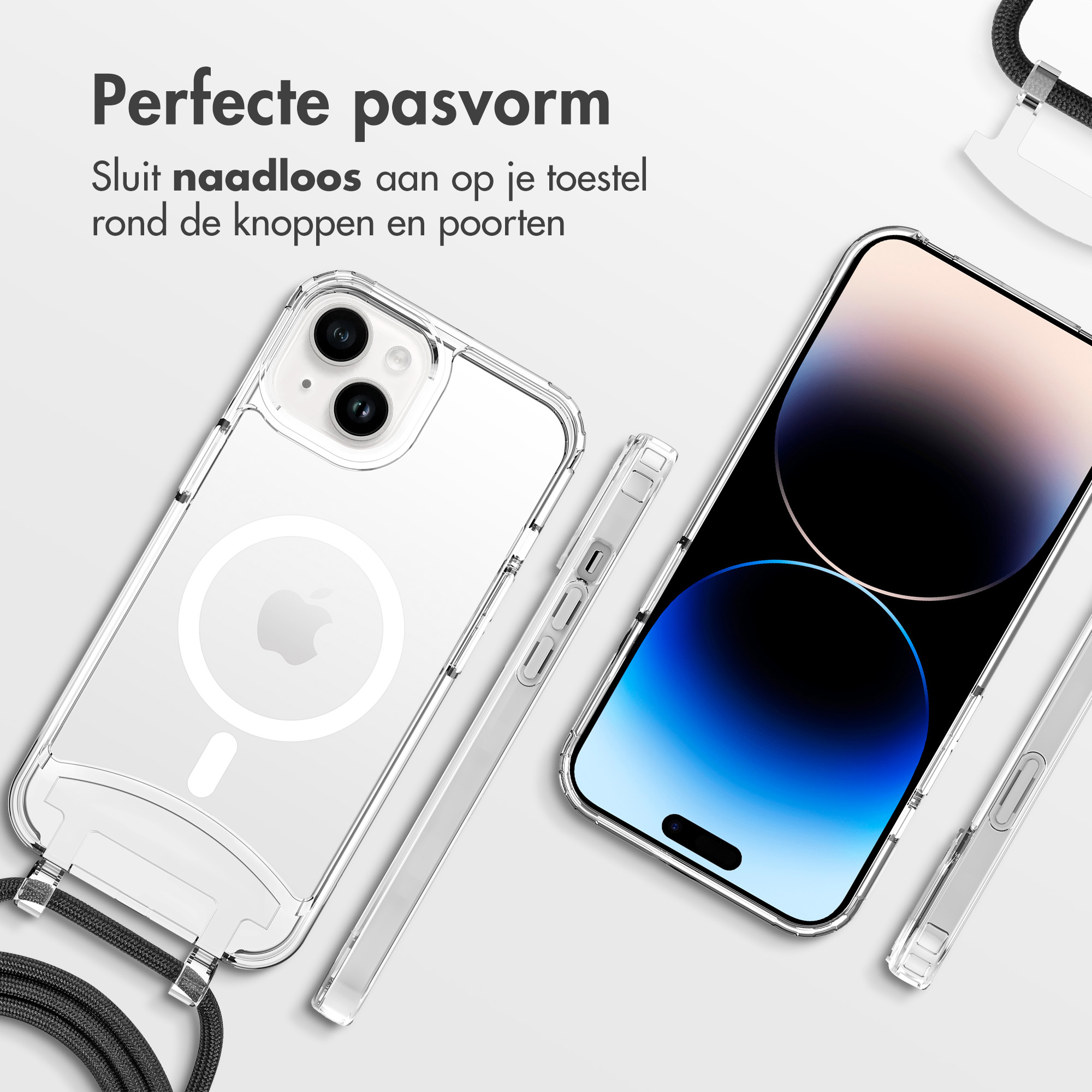 Une coque transparente avec un téléphone à l'intérieur et un cordon. Le téléphone est visible avec un écran bleu.