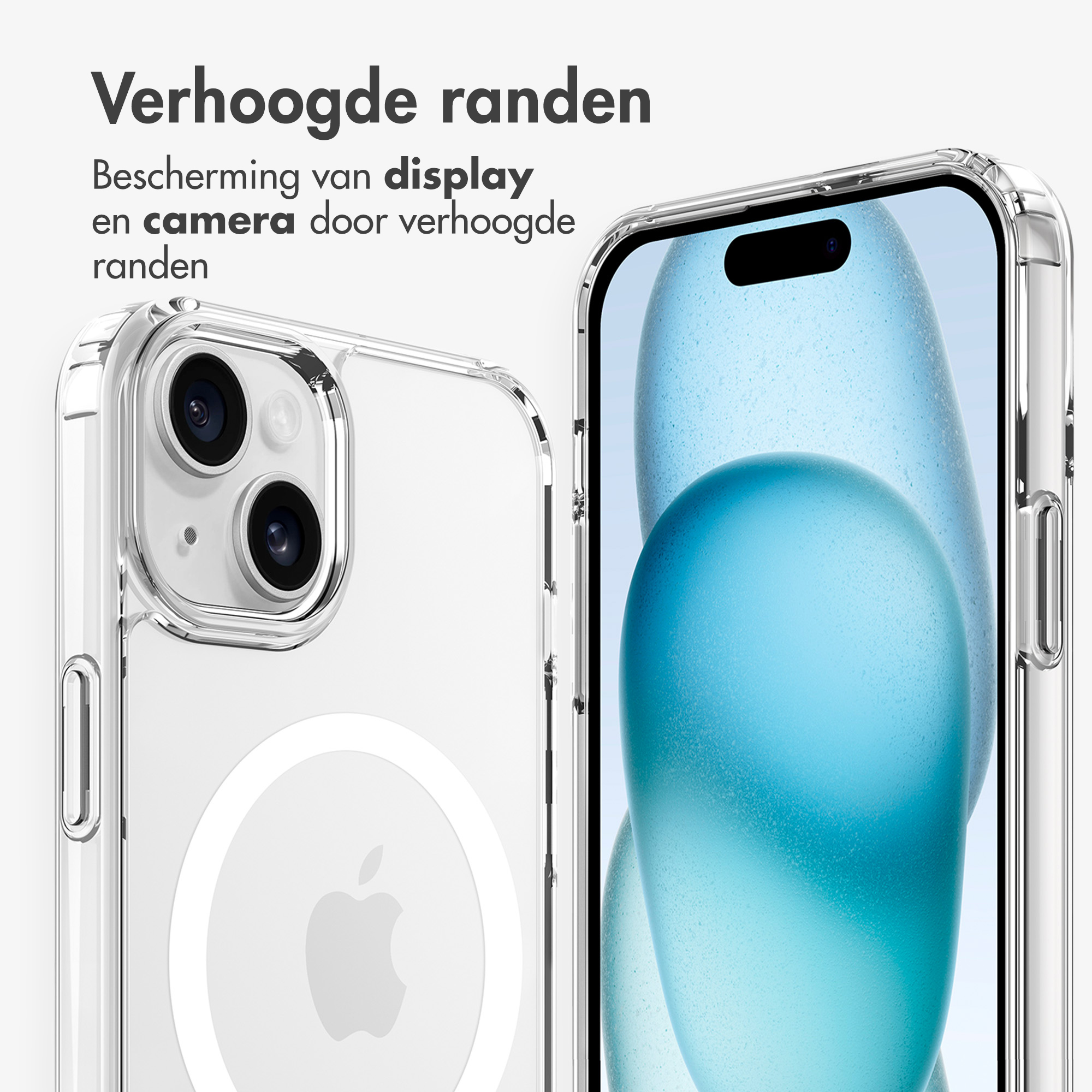 Clear phone case with raised edges, protecting the camera and display. A close-up of the phone.