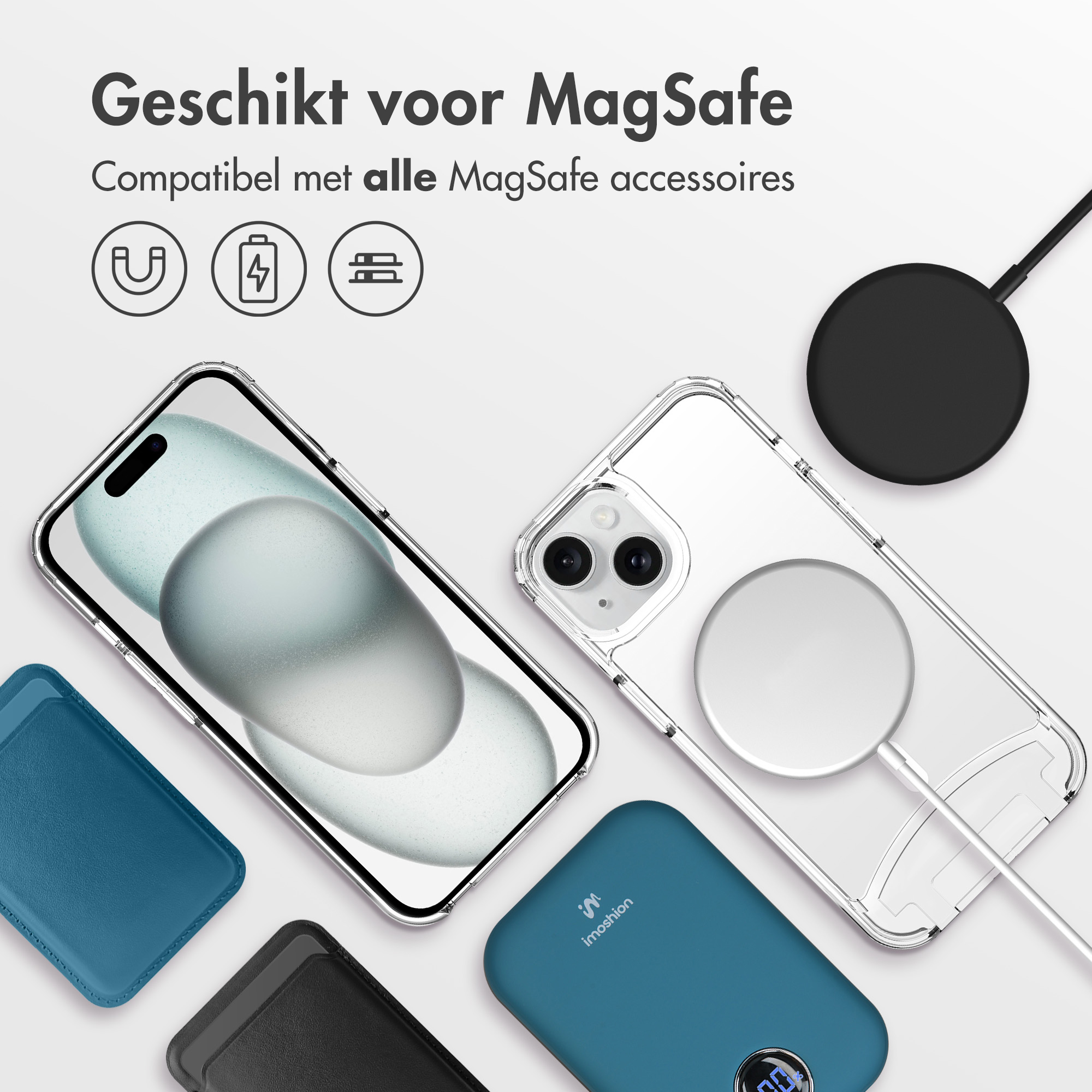 Phone case with MagSafe accessories: charger, power bank, and card holder.  All are visible.