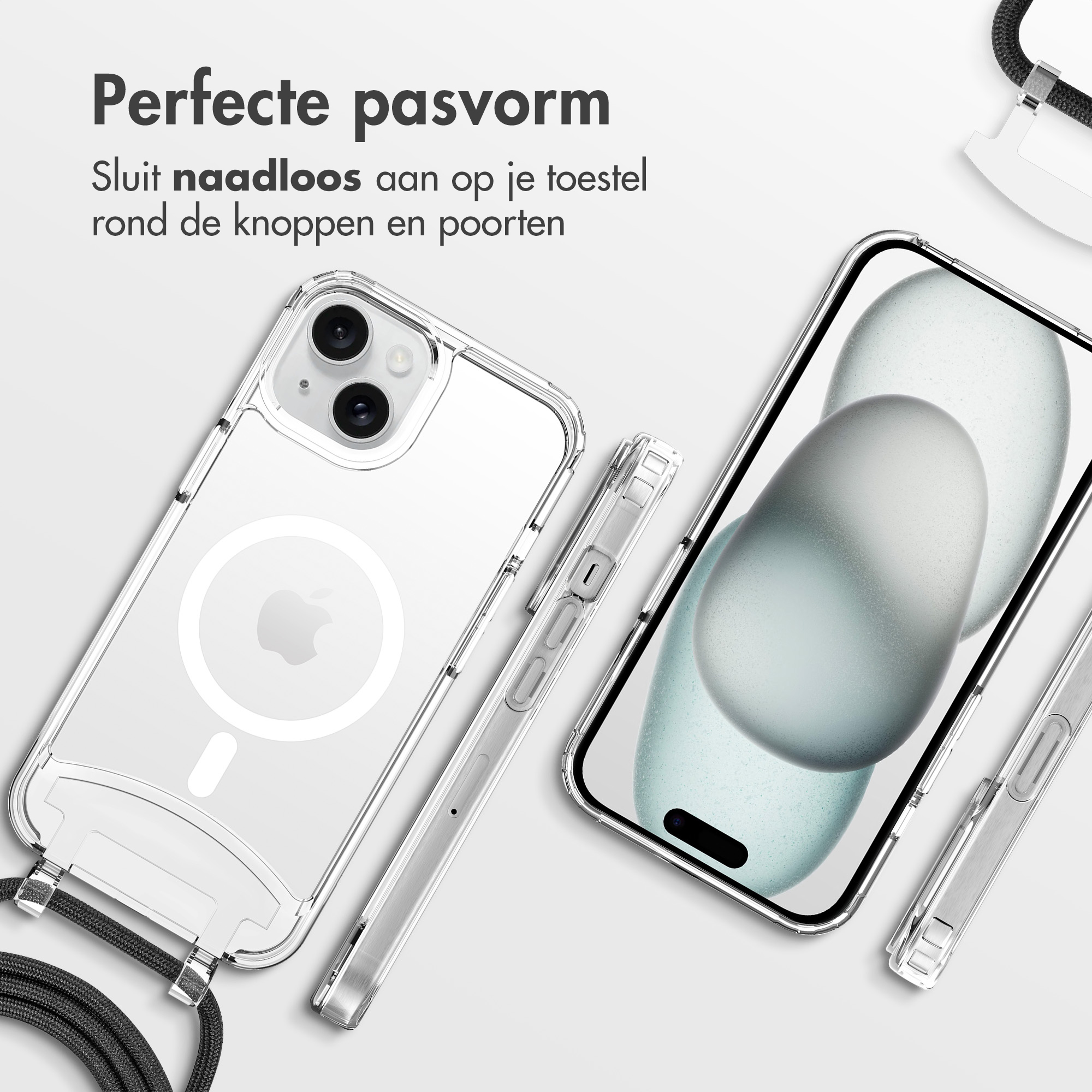 Two phones in clear cases with straps. Text in Dutch. One phone case has a geometric design. A phone is on the right.