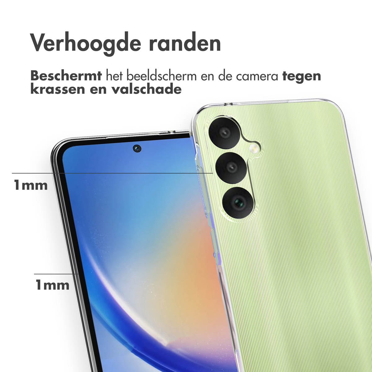 Téléphone avec coque transparente. Le texte dit que les bords surélevés protègent des rayures et des dommages.