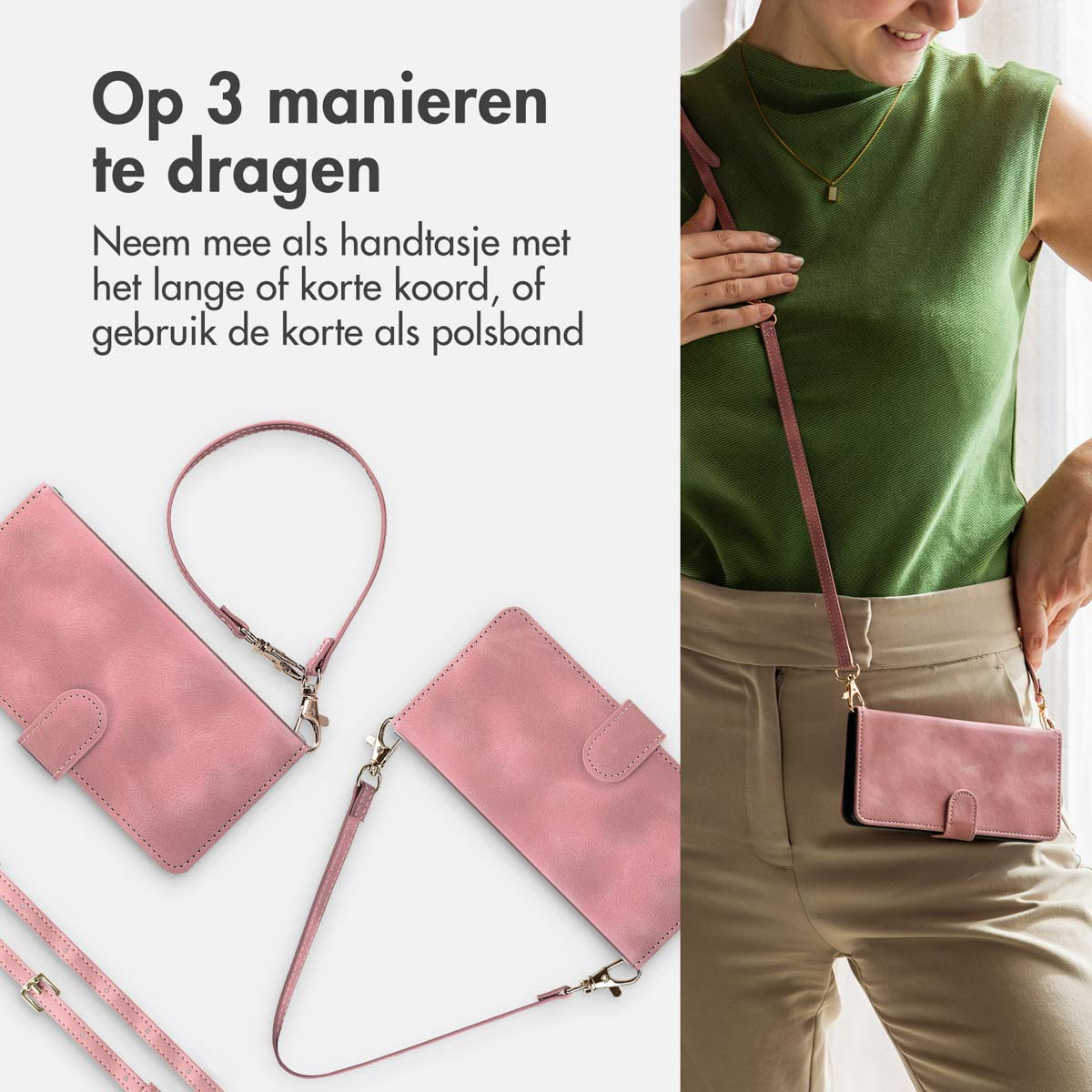 Femme tenant une coque rose avec une sangle. Le texte indique que l'étui peut être utilisé de trois manières.