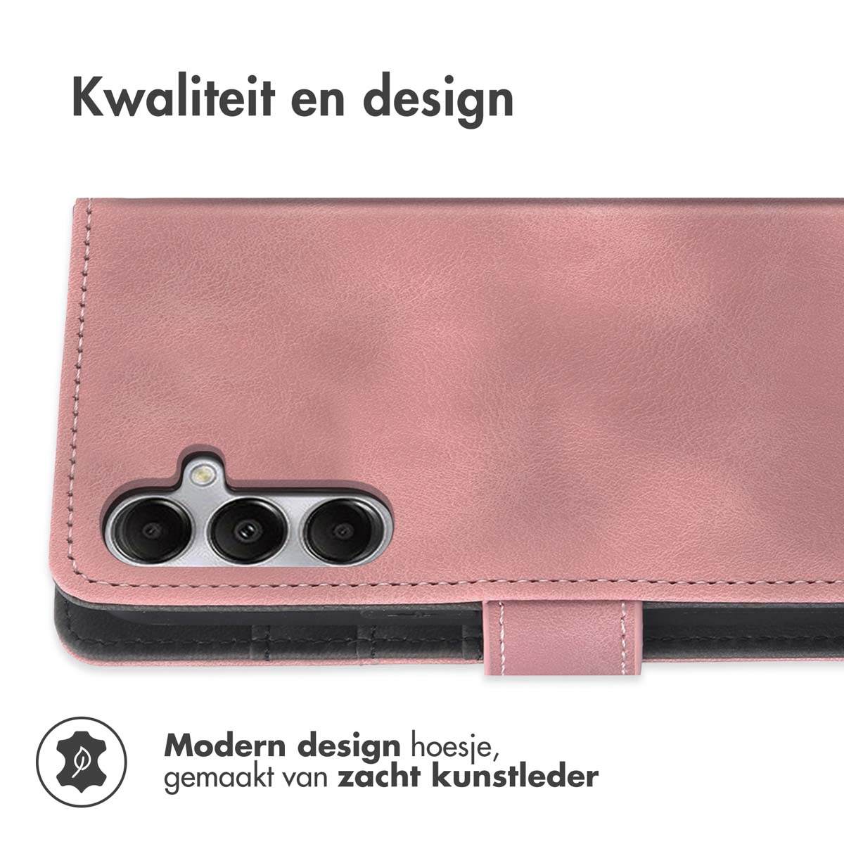 Étui de téléphone en cuir rose. Texte : Kwaliteit en design. Étui de design moderne, fabriqué en similicuir souple.