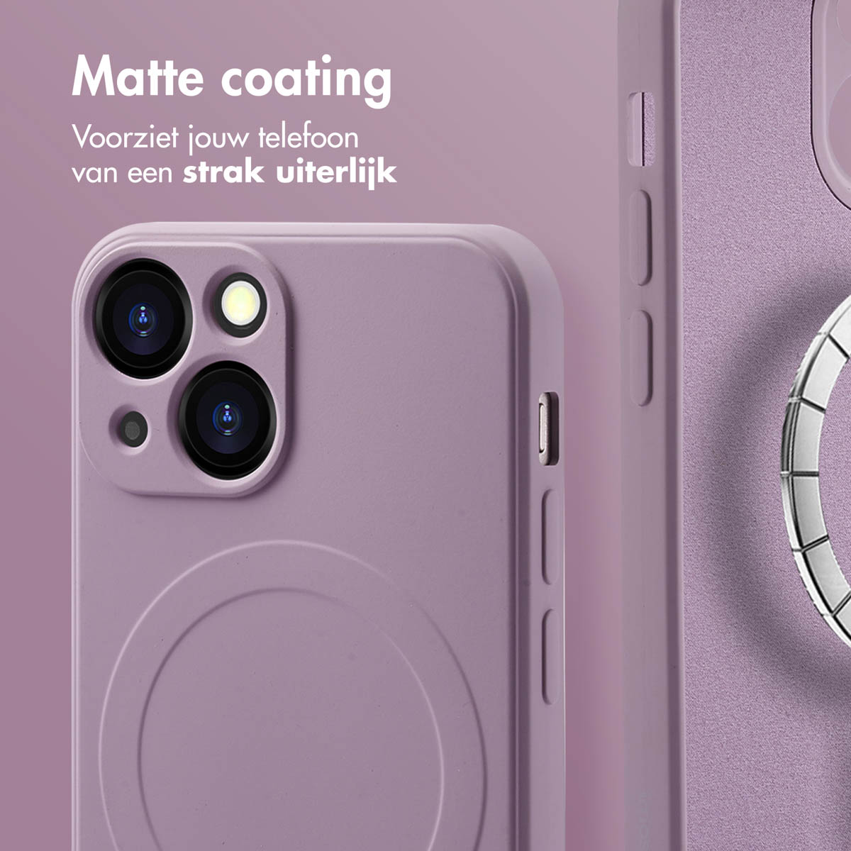 Lila Handyhülle mit matter Beschichtung. Die Hülle hat einen Magnetring auf der Rückseite.
