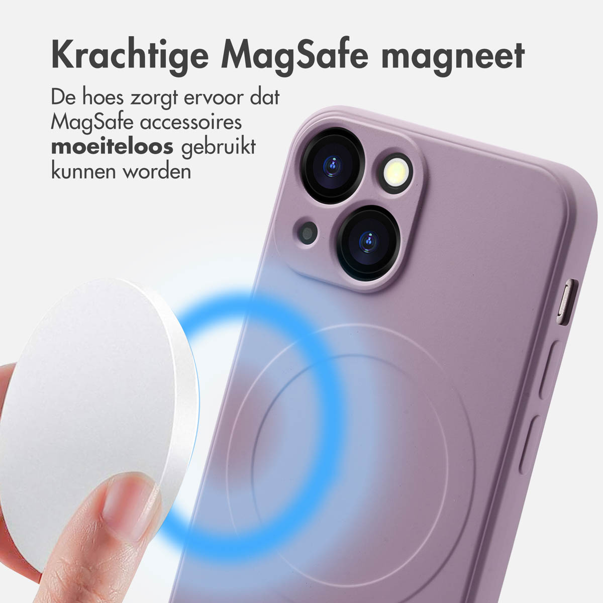 Lila Handyhülle mit Magnetring. Ein weißes MagSafe-Zubehör wird daran befestigt.