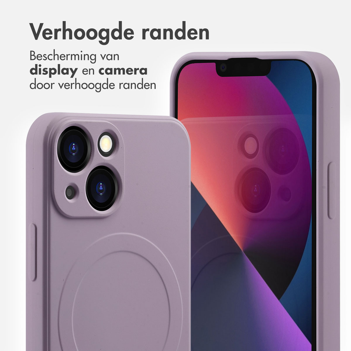 Lila Handyhülle mit Telefon. Die Hülle hat erhöhte Ränder zum Schutz. Die Kamera ist sichtbar.