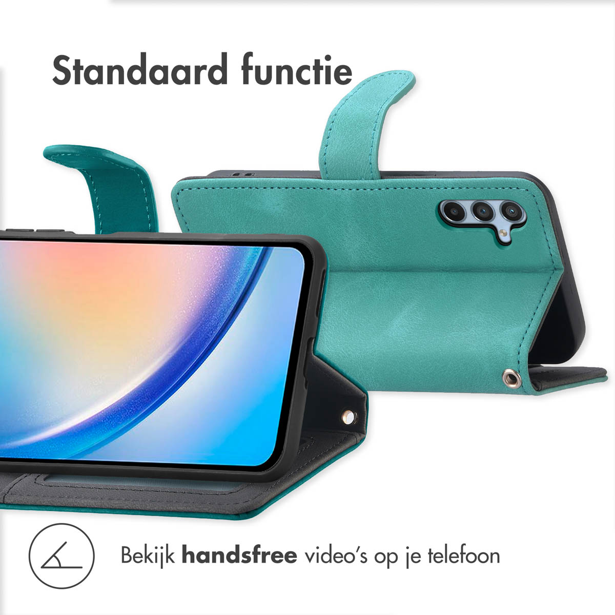 Coque de téléphone bleu sarcelle avec un téléphone à l'intérieur, ouverte en angle. Le téléphone affiche une interface.