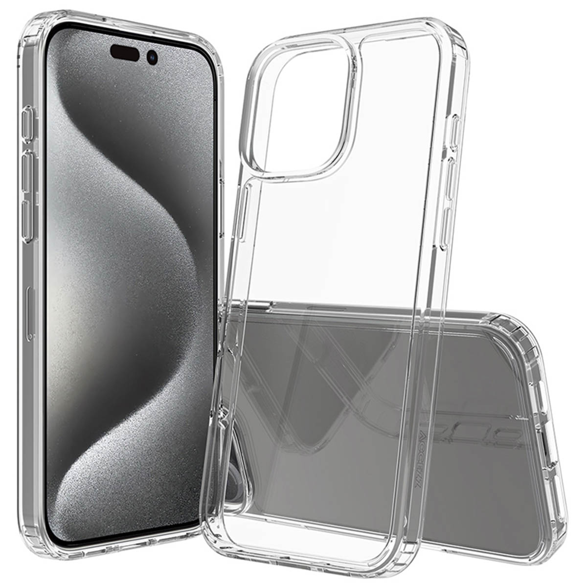 Un téléphone et une coque transparente. Le téléphone est argenté et la coque est transparente.