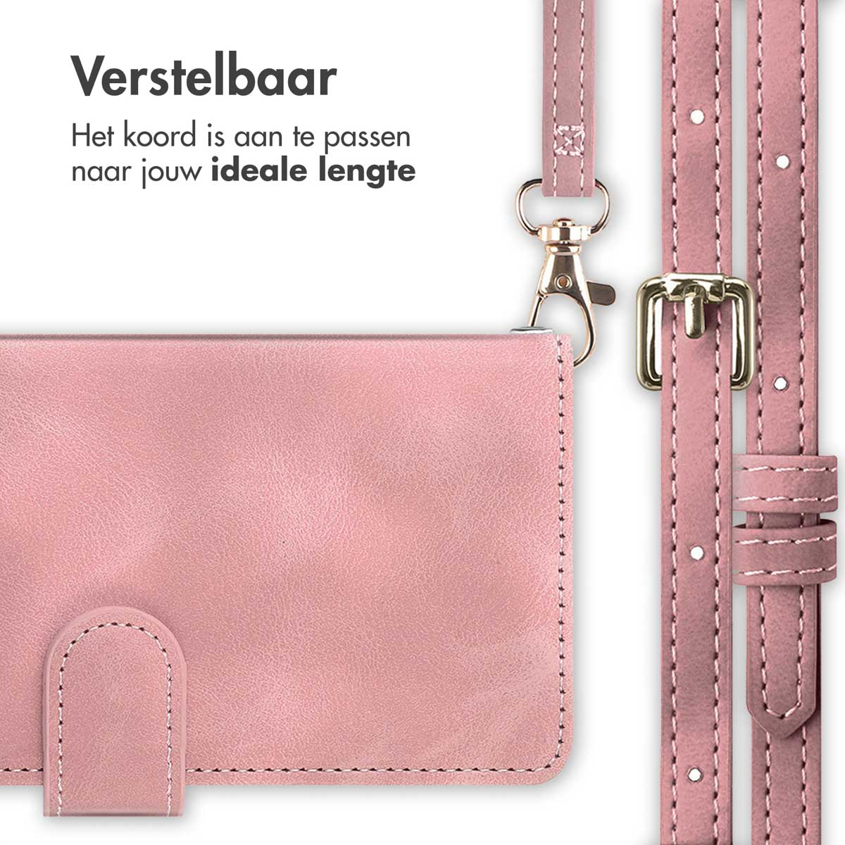 Coque de téléphone rose avec sangle réglable et fermoir. La sangle est rose et le fermoir est doré.