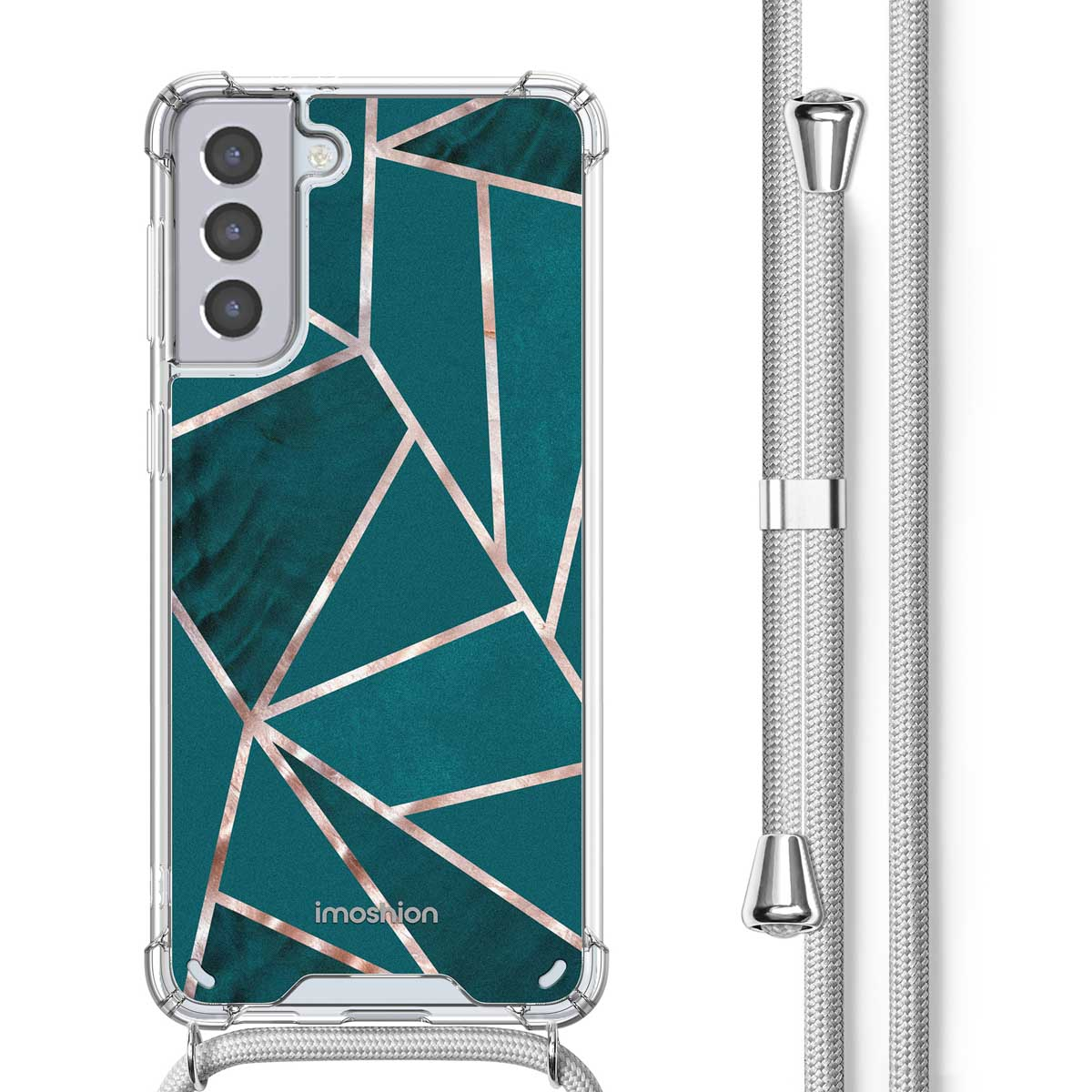 Coque de téléphone avec un design géométrique vert et or. Sangle argentée.