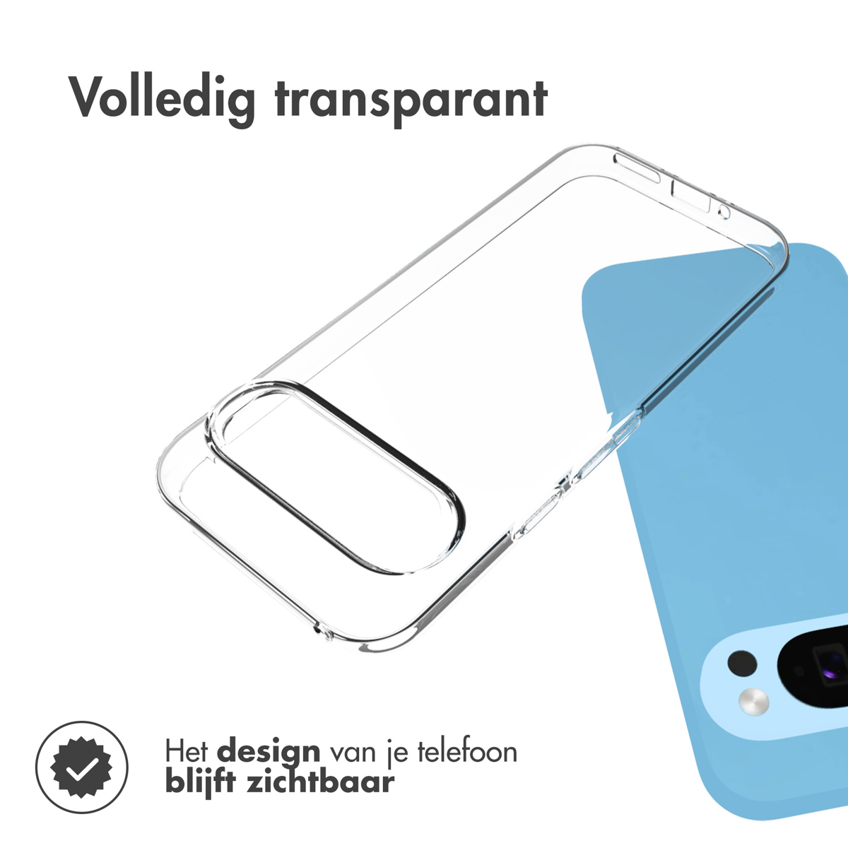 Transparante hoes op blauwe telefoon. Tekst zegt dat het telefoonontwerp zichtbaar blijft.