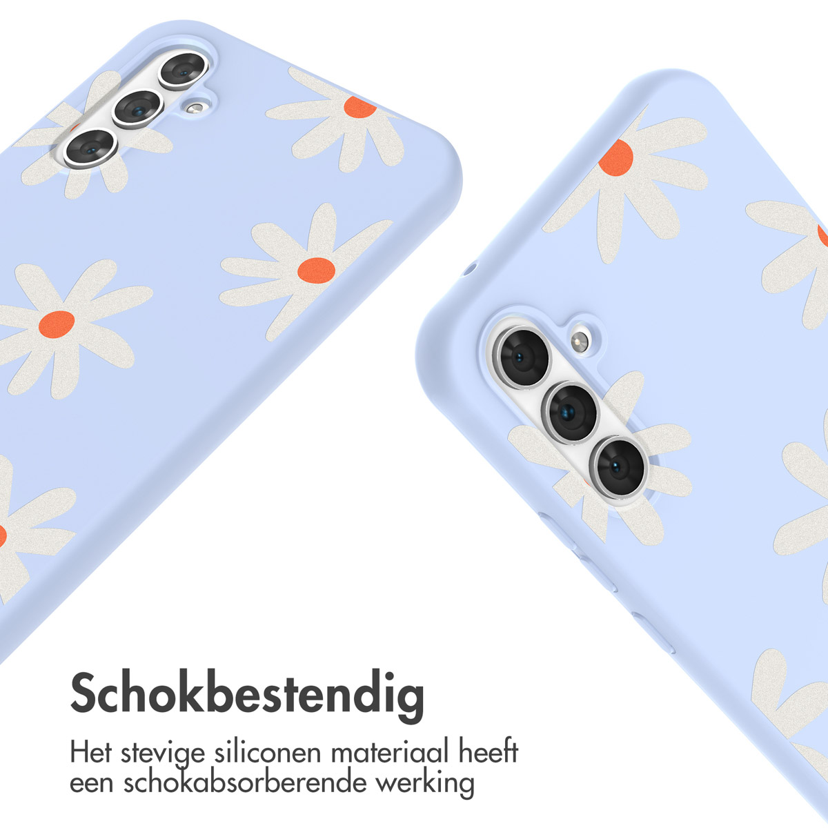Deux coques de téléphone, bleu clair avec des fleurs blanches en forme de marguerites. Une coque est inclinée vers le spectateur.