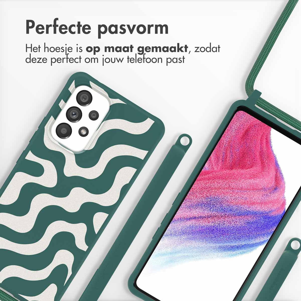 Coque de téléphone verte avec un design ondulé blanc. Un téléphone est à l'intérieur.