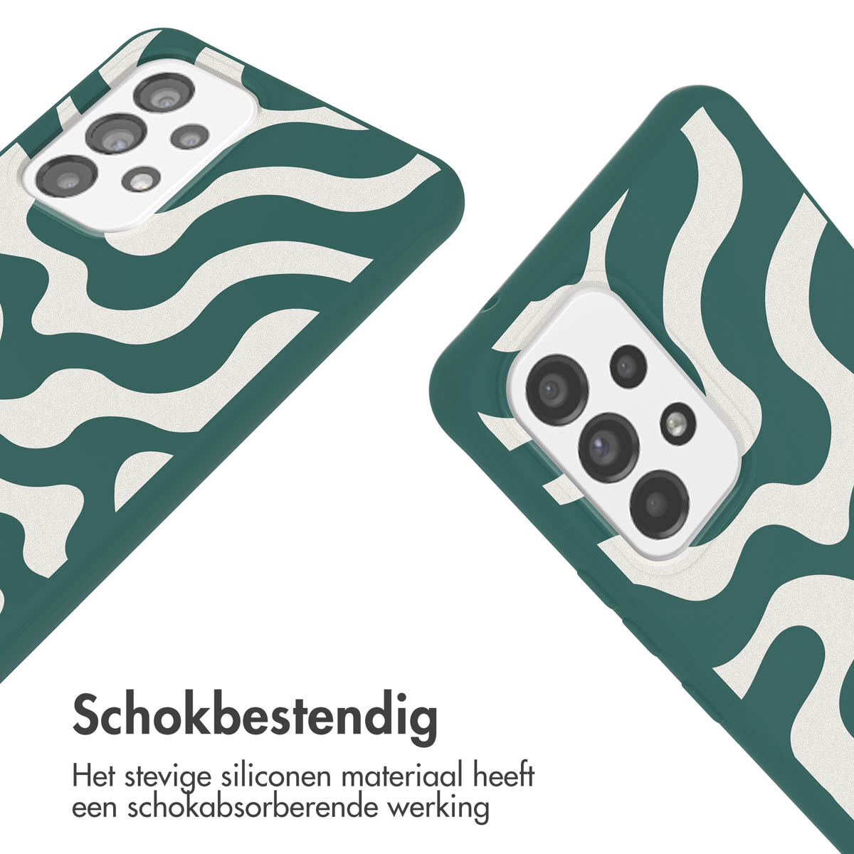 Coques de téléphone vertes avec un motif d'ondes blanches. Le texte indique que la coque est antichoc.