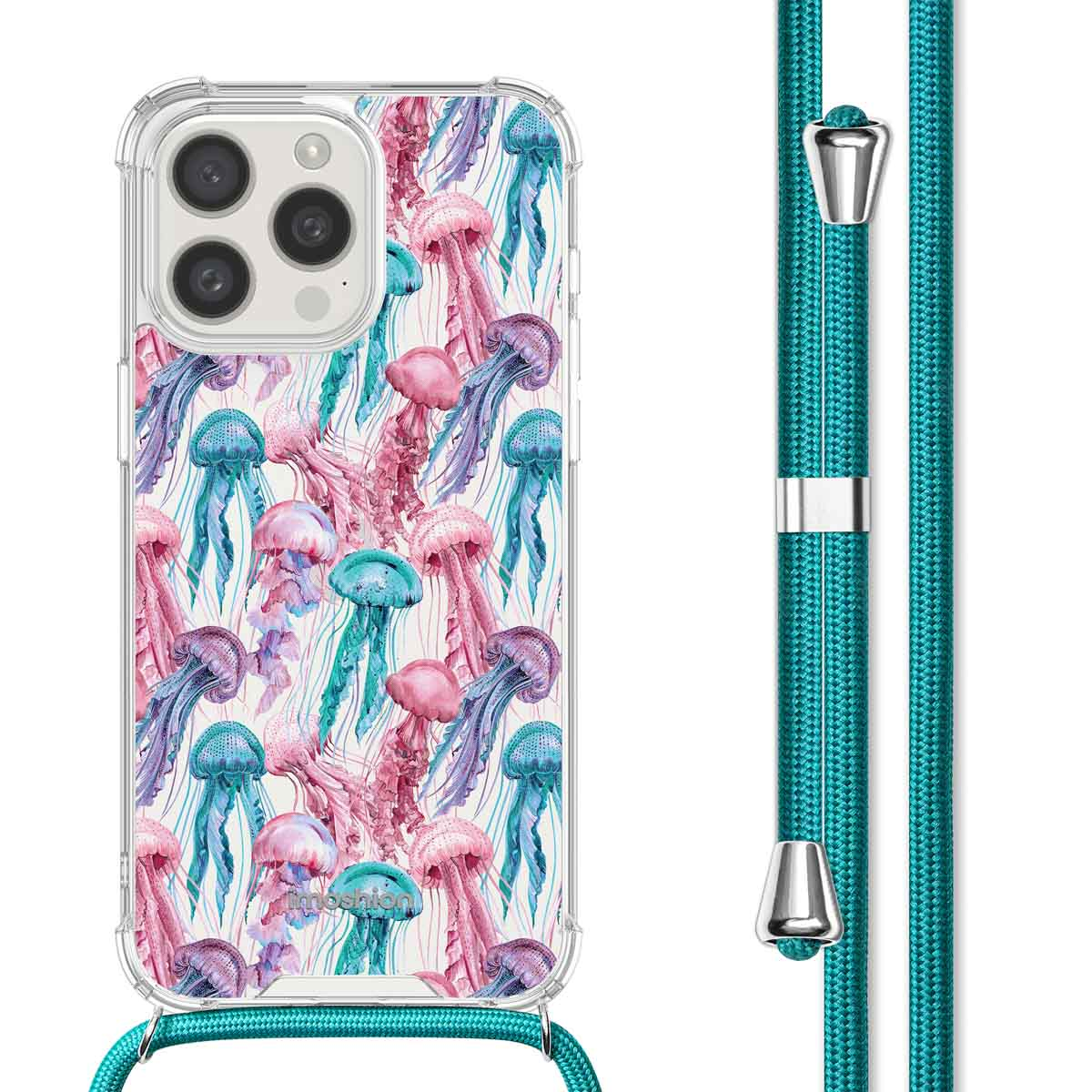 Coque de téléphone avec motif de méduses colorées, avec un cordon turquoise. Le téléphone est visible.