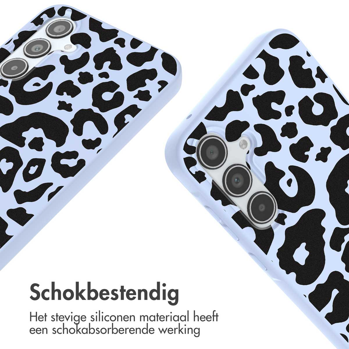 Deux coques de téléphone avec un motif léopard bleu et noir. Texte : 'Antichoc'.