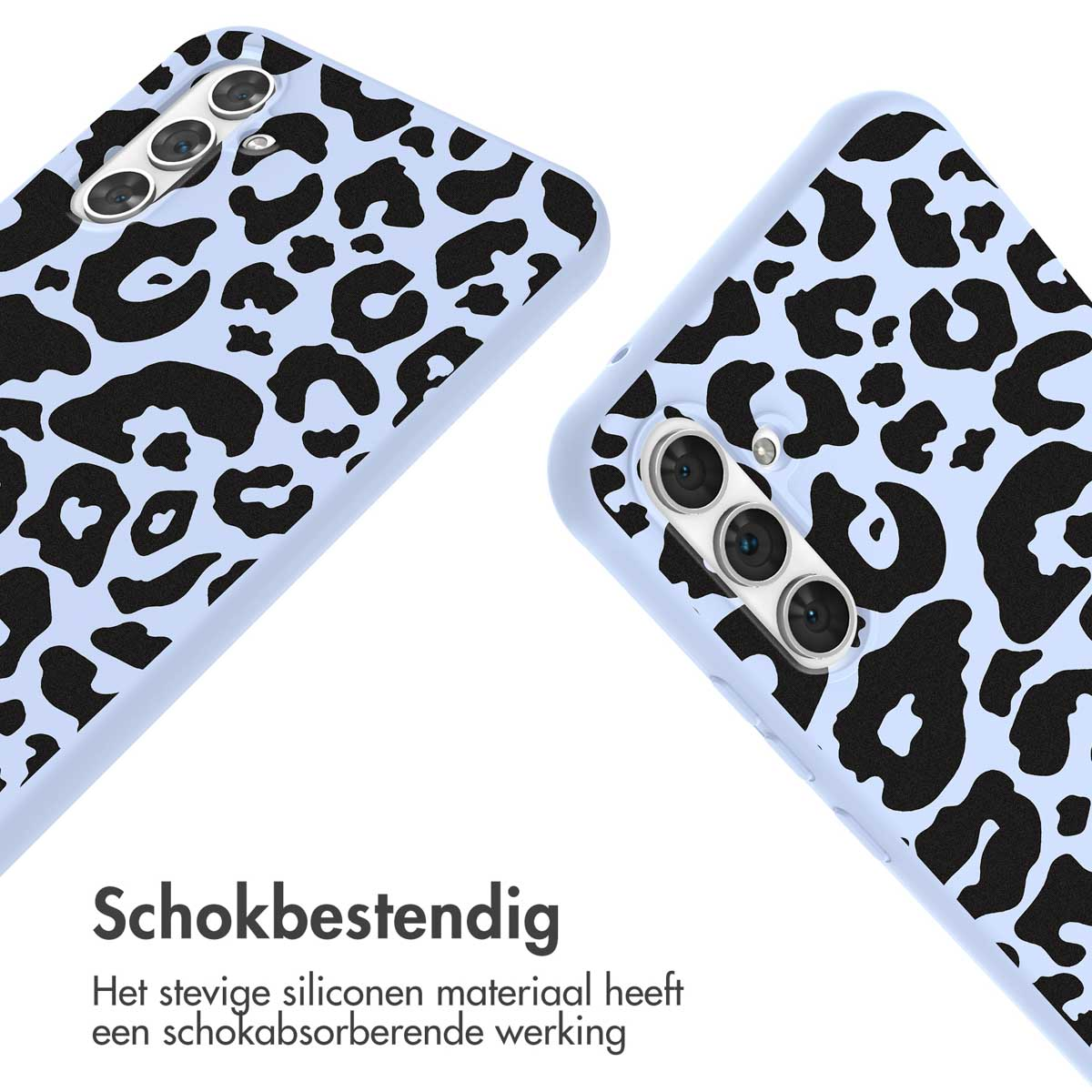 Deux coques de téléphone. Bleu clair avec des taches de léopard noires. Texte : Schokbestendig, Het stevige silicone...