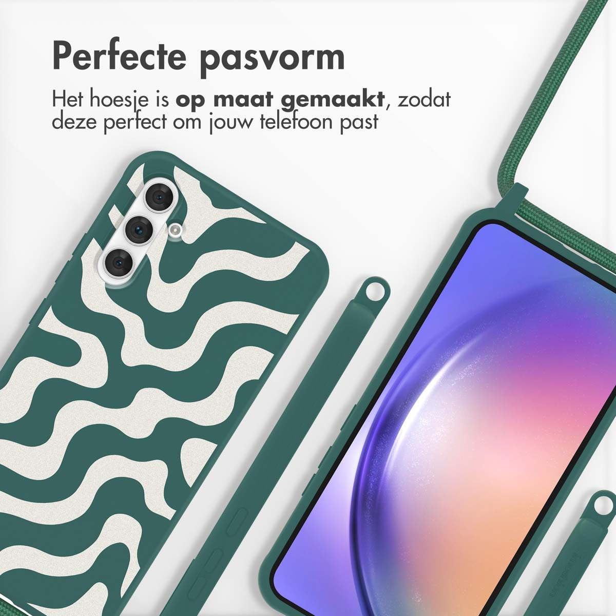 Une coque de téléphone verte avec un motif ondulé blanc, un téléphone avec une sangle verte et un gros plan de l'appareil photo.