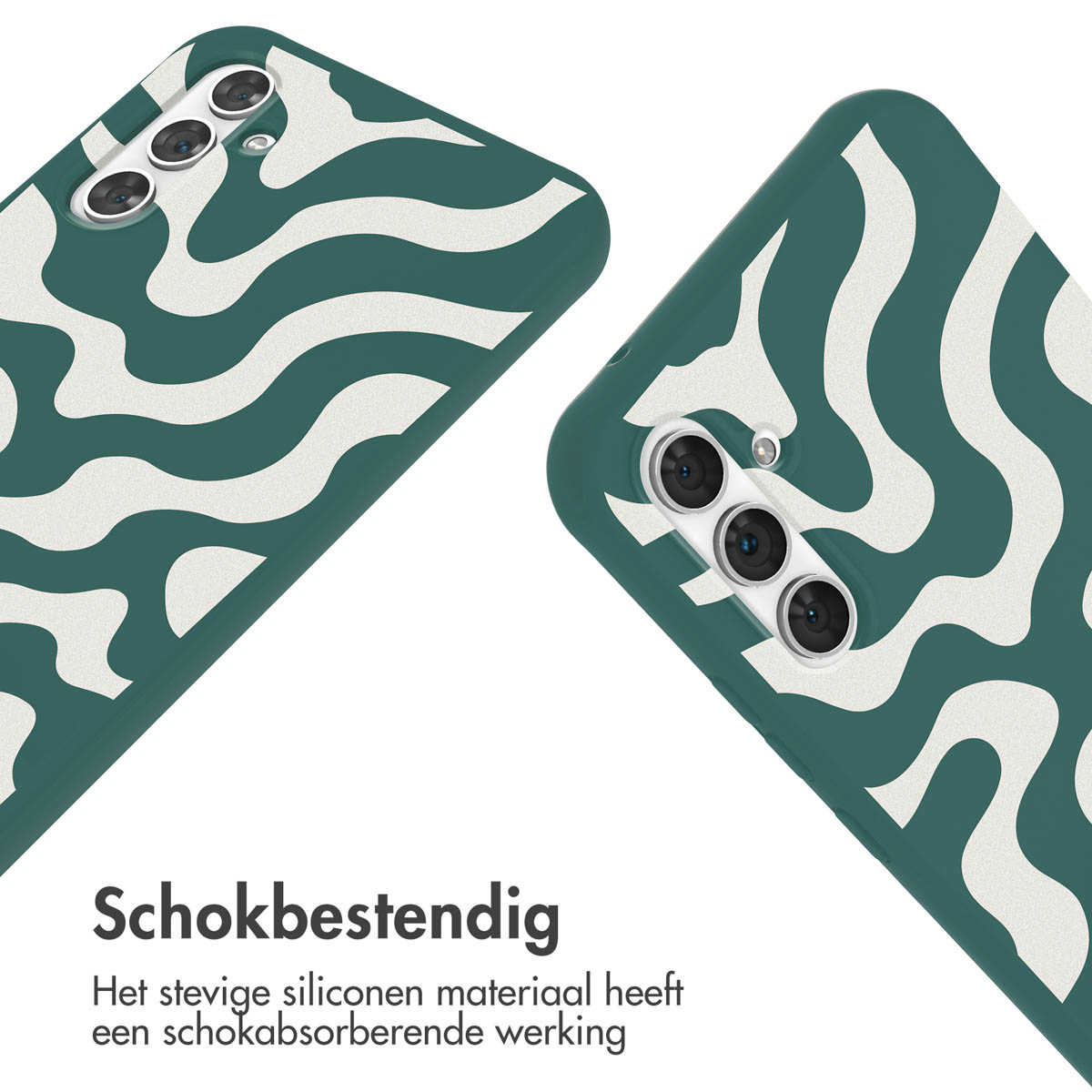 Deux étuis de téléphone avec un motif ondulé vert et blanc. Les étuis sont sur une surface blanche.