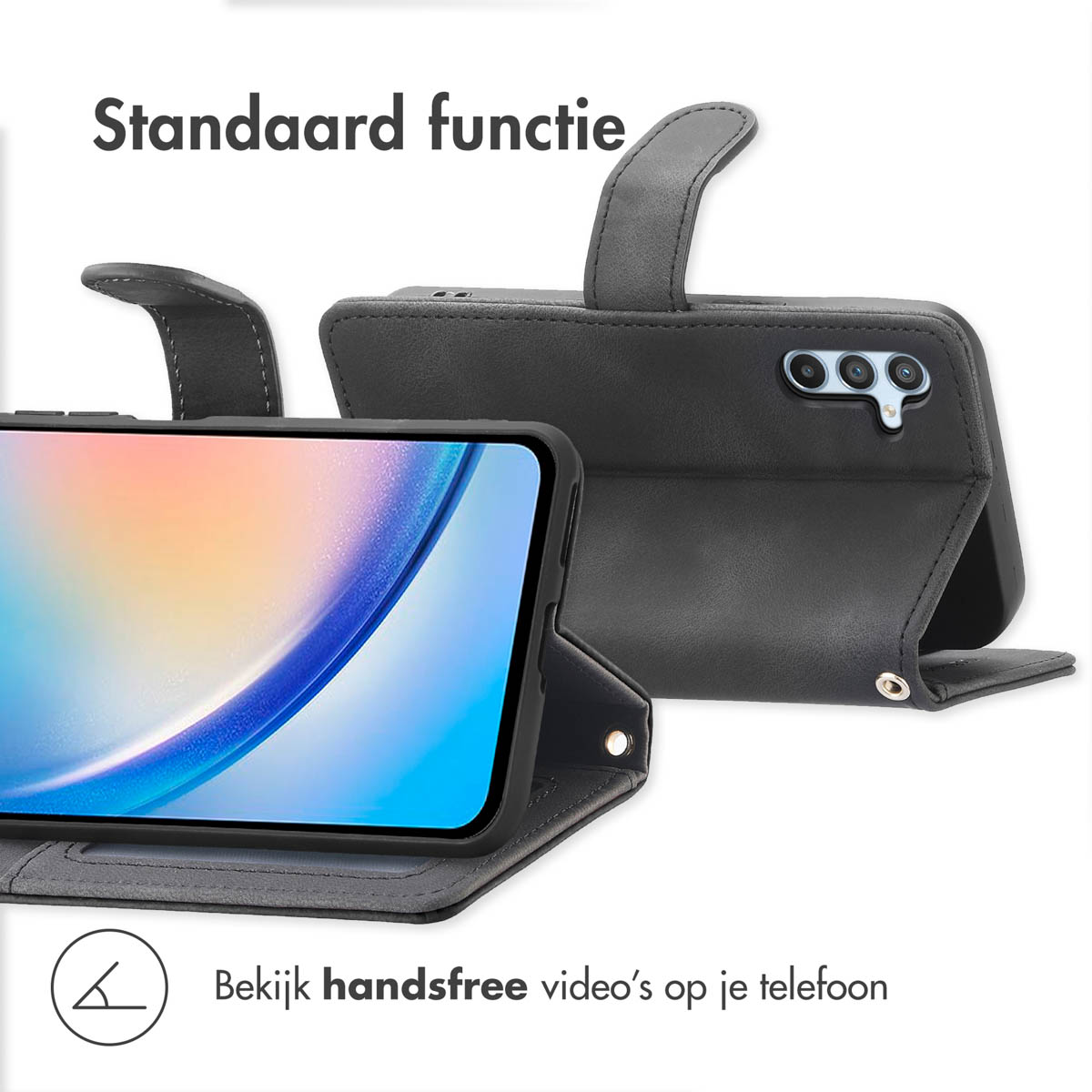 Zwarte telefoonhoes in gebruik. Tekst zegt video's handsfree bekijken op je telefoon.