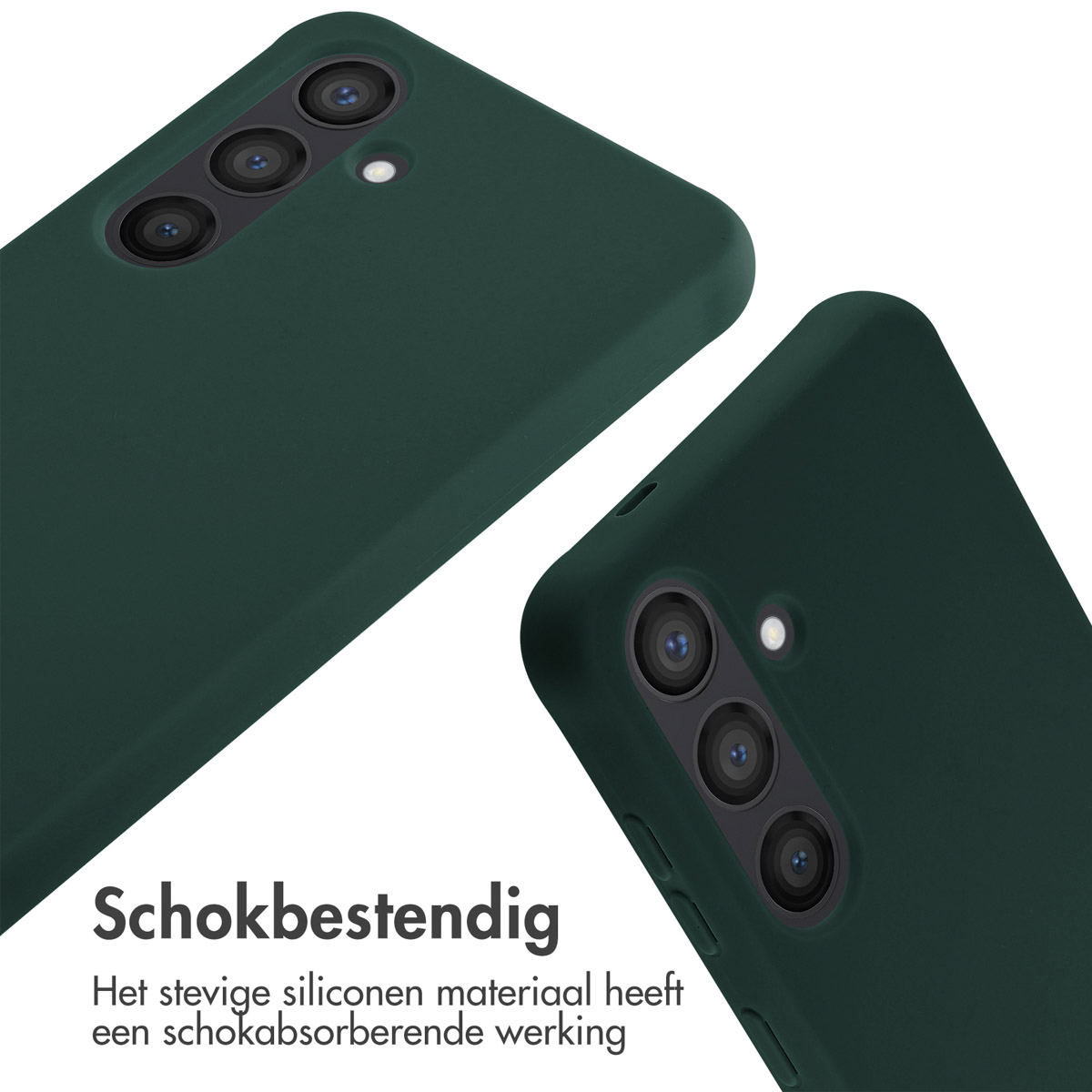 Donkergroene telefoonhoesjes. De cameralenzen zijn zichtbaar. Schokbestendig.