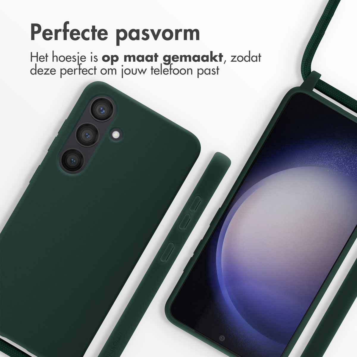 Groene telefoonhoes en telefoon. De telefoon zit in de hoes. De hoes heeft een bandje.