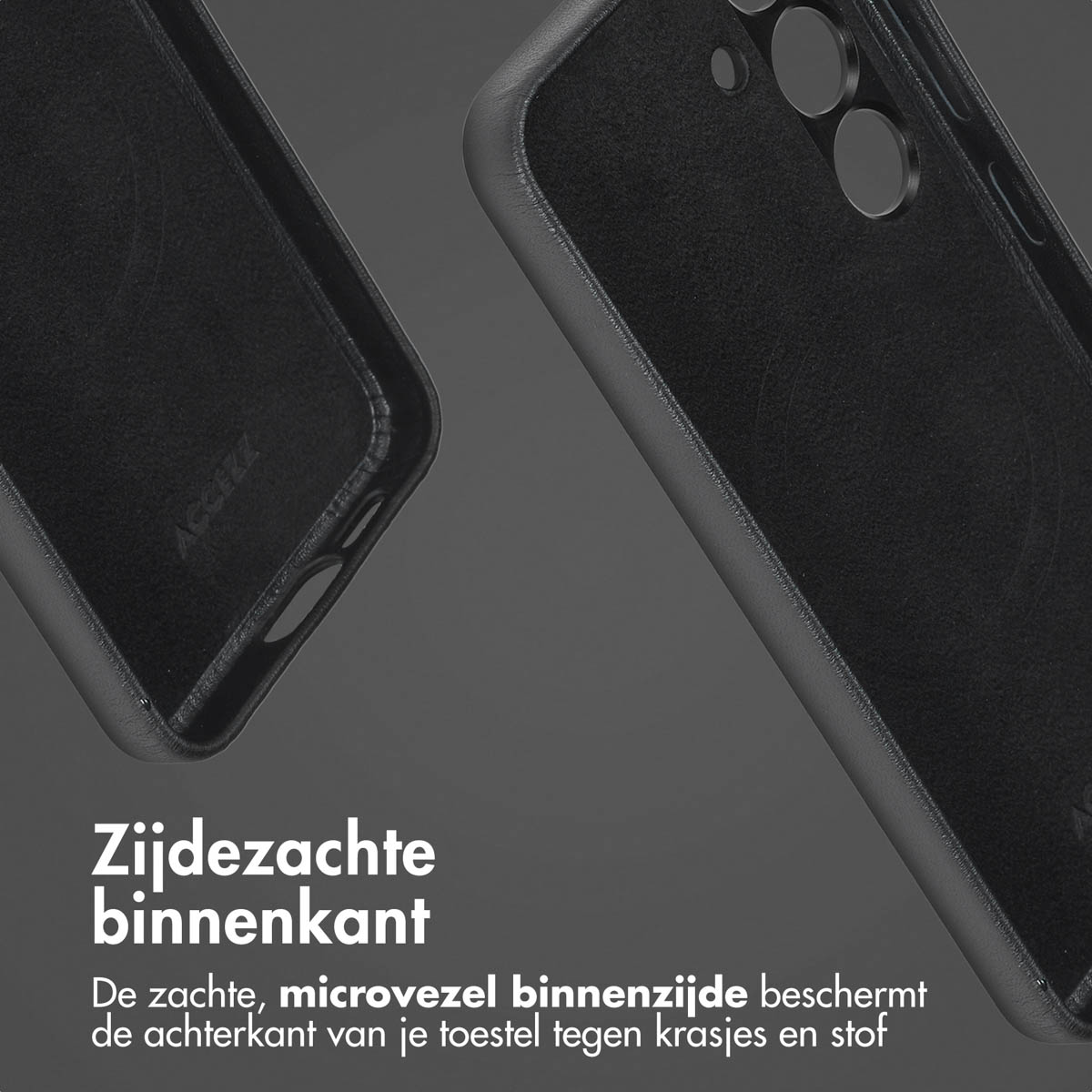 Zwart telefoonhoesje interieur, met zachte microvezel. De hoes is zwart en de binnenkant is donker.