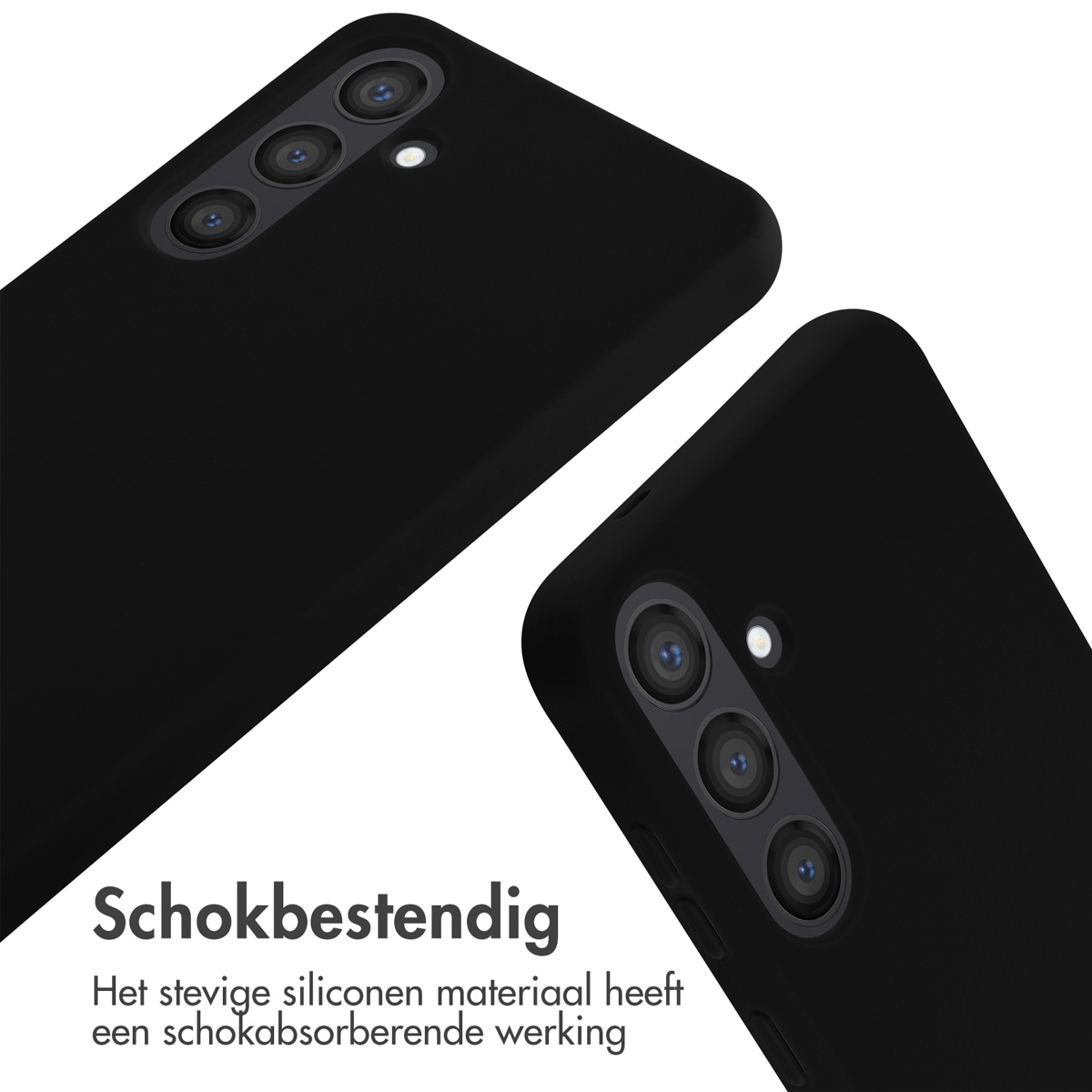 Due custodie per telefono nere con fotocamere, angolate verso lo spettatore. Testo: Antishock.
