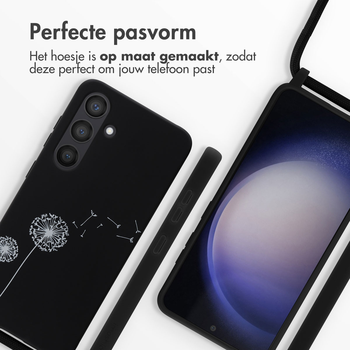 Zwart telefoonhoesje met een paardenbloemontwerp en een telefoon. Tekst geeft een perfecte pasvorm aan.