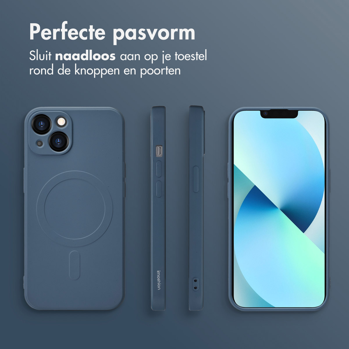 Een telefoon en drie blauwe hoesjes. Nederlandse tekst. Een zijaanzicht en een achteraanzicht. Telefoonscherm is blauw.