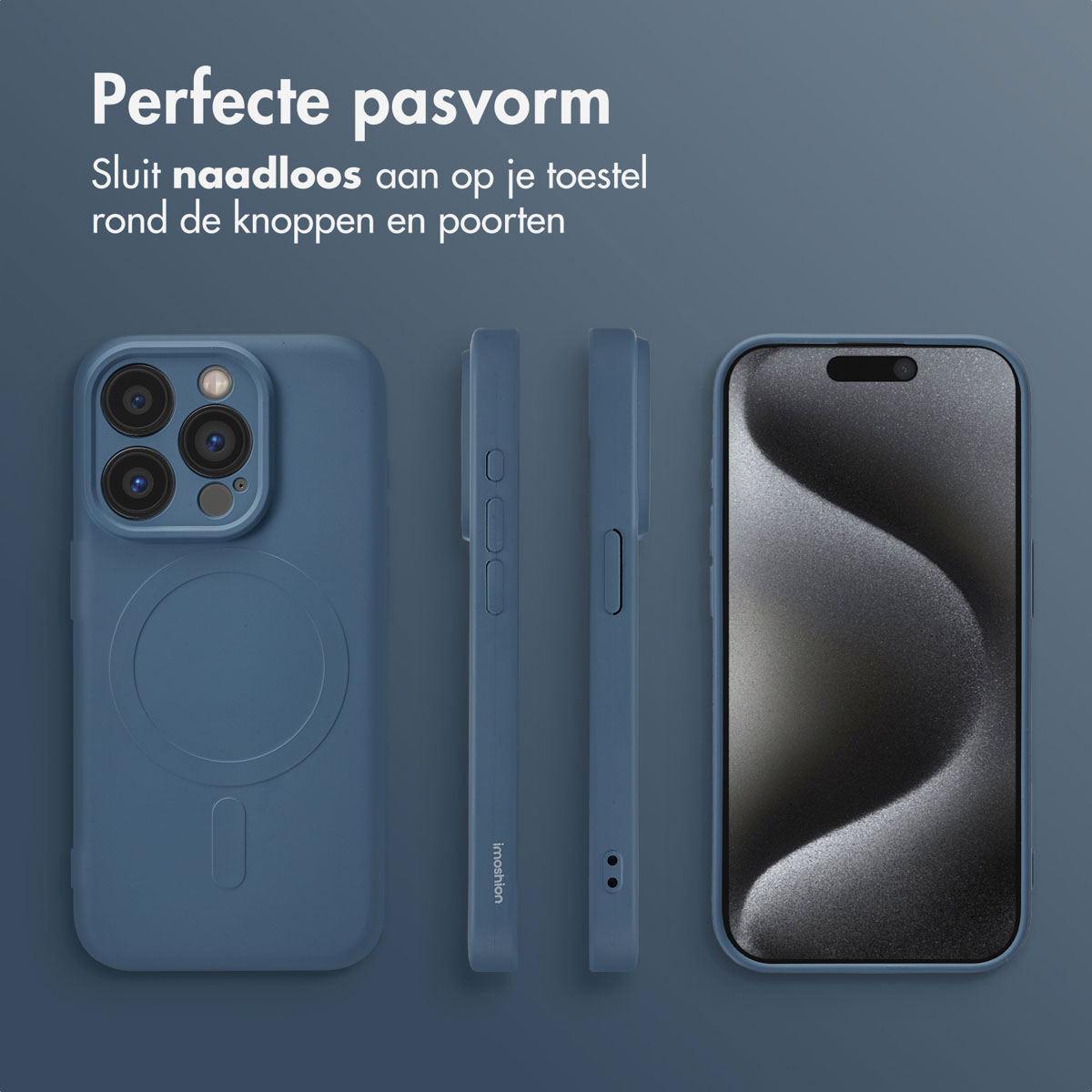 Coque de téléphone bleue avec écran de téléphone, vues latérales de la coque et texte en arrière-plan.