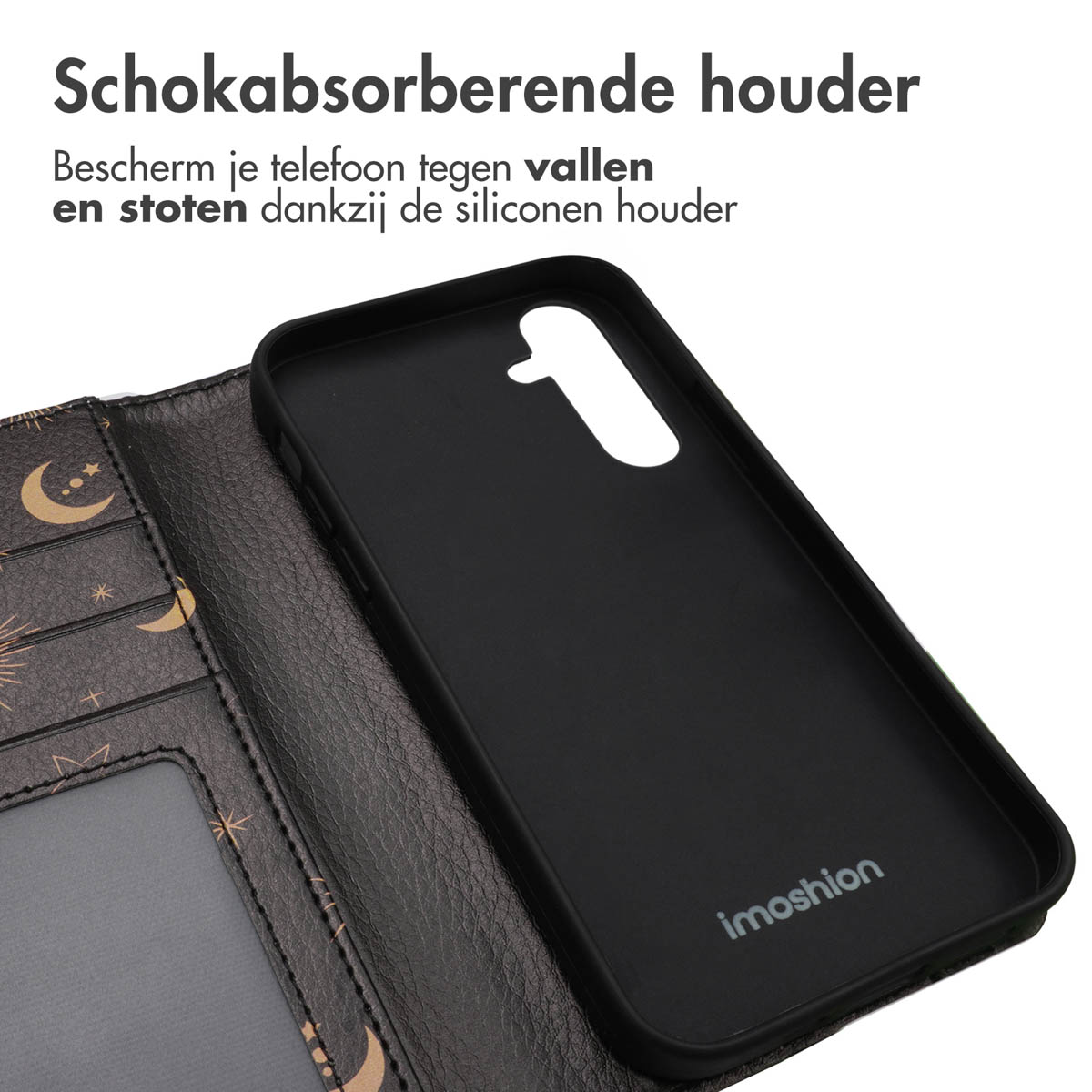Zwarte telefoonhoes in een portemonnee. De portemonnee heeft een maan- en sterrenontwerp.