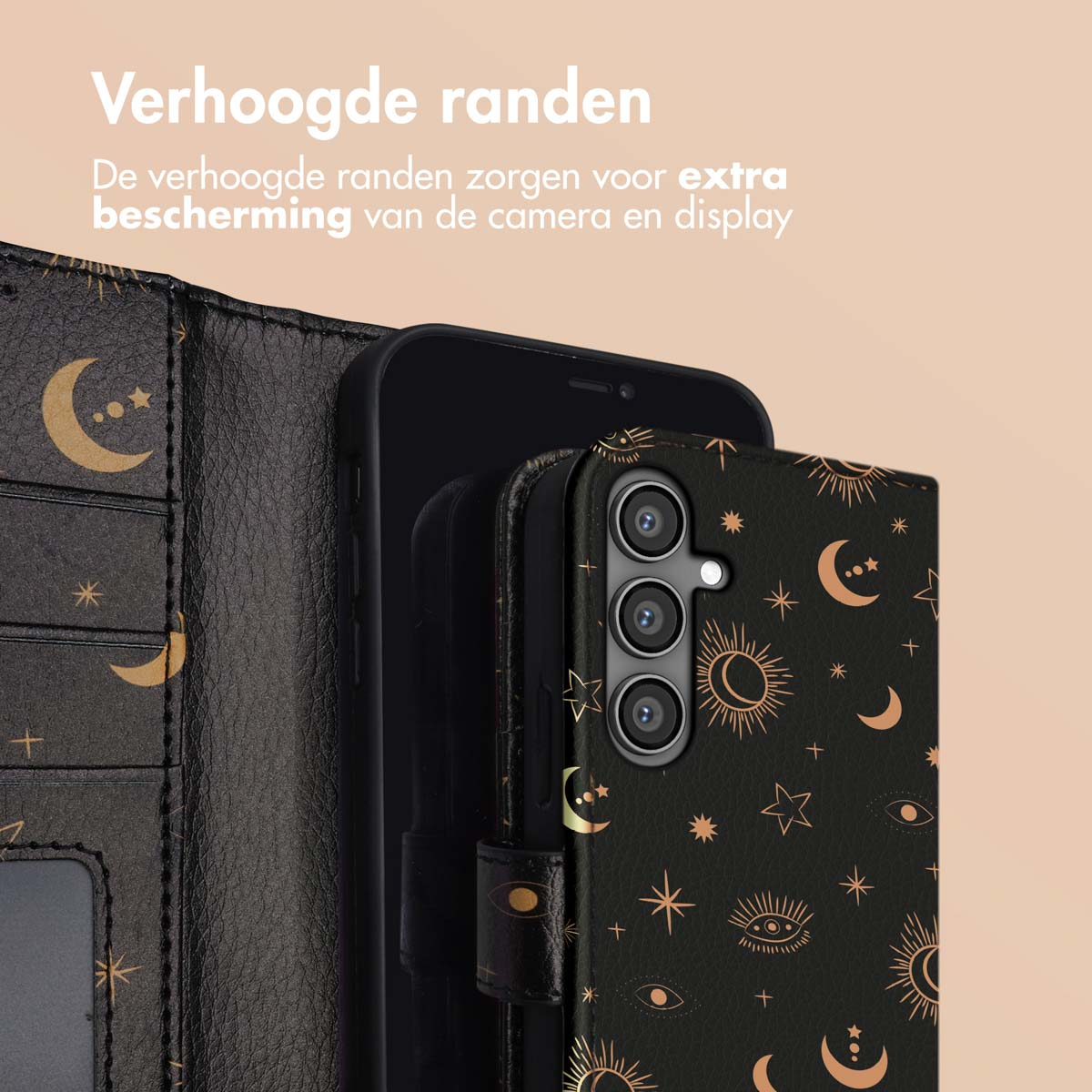 Zwarte telefoon met gouden hemels ontwerp hoes, lichtjes open. Verbeterde bescherming.