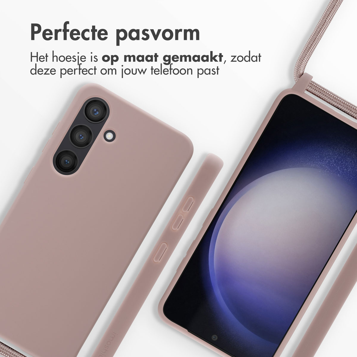 Mauve telefoonhoes met een telefoon erin. De telefoon heeft een koord.
