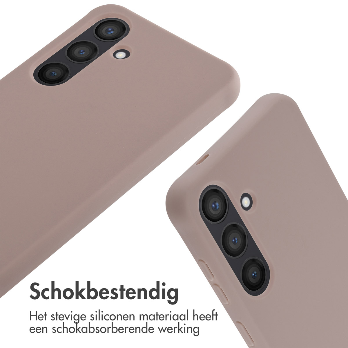 Close-up van twee roze telefoonhoesjes met camera-openingen. Tekst: 'Schokbestendig' in het Nederlands.