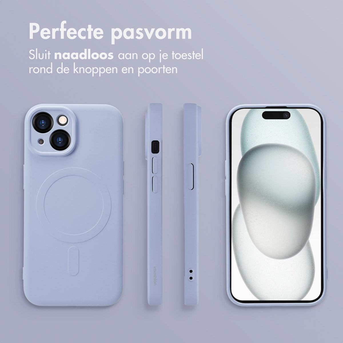 Light blue phone case with a phone screen, side views of the case, and text in the background.