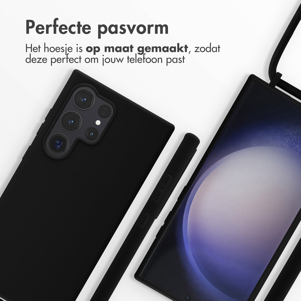 Custodia e telefono neri, con attacco per cinturino e ritagli per fotocamera.