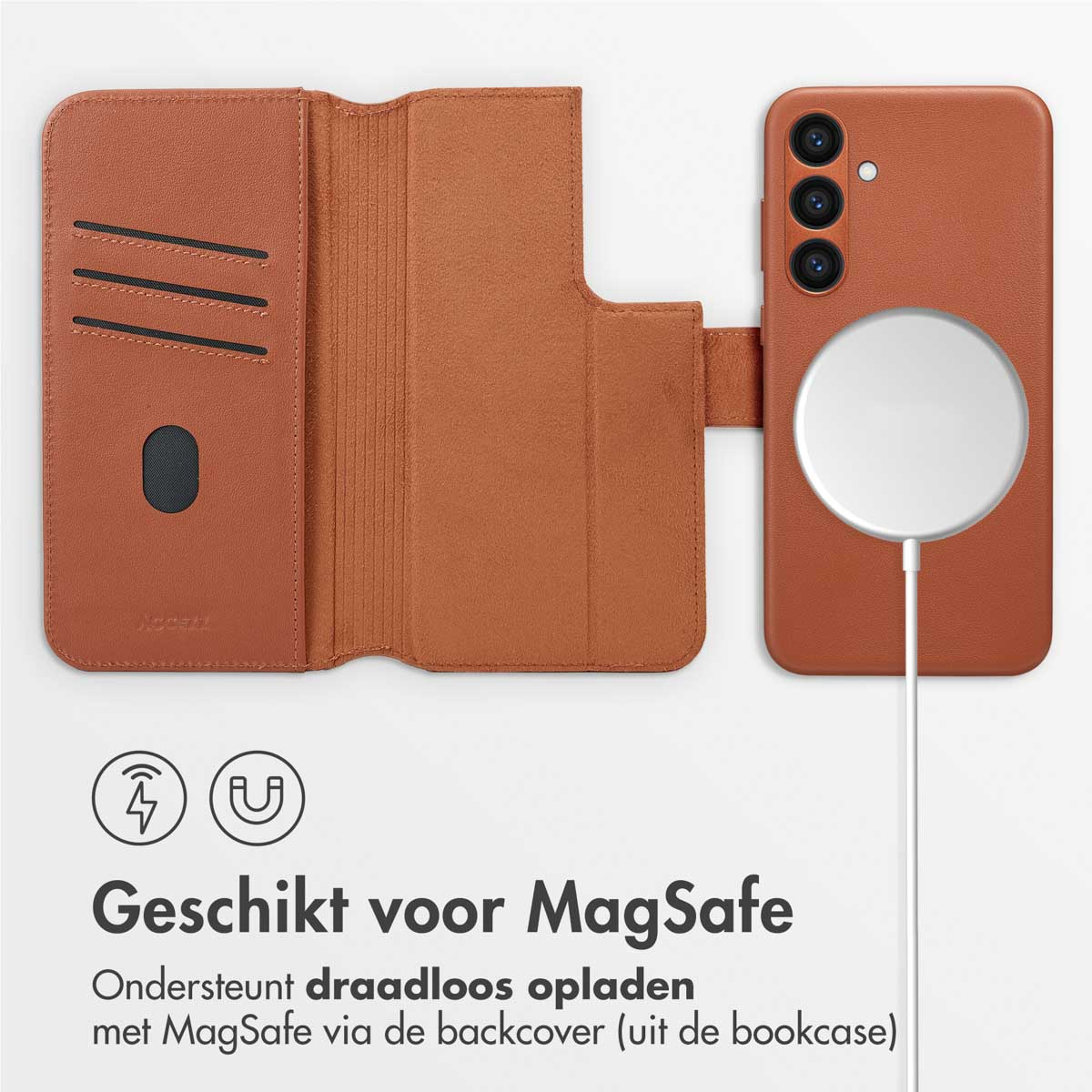 Bruin telefoonhoesje. MagSafe-oplader aan de achterkant. Witte oplaadkabel.