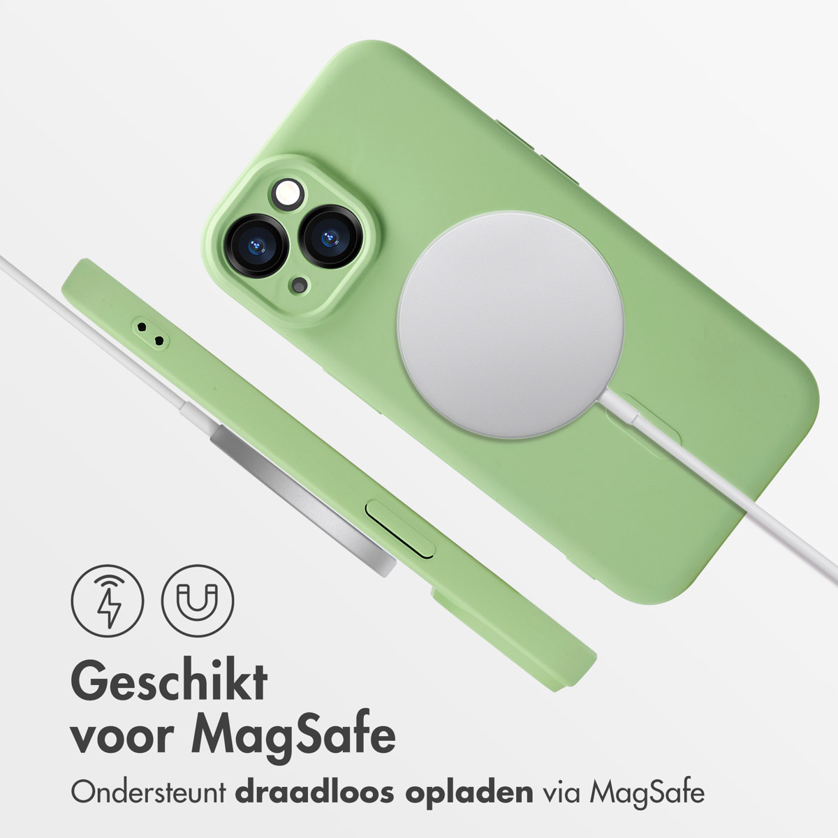 Green phone case with a white circle. A charger is connected to the phone.
