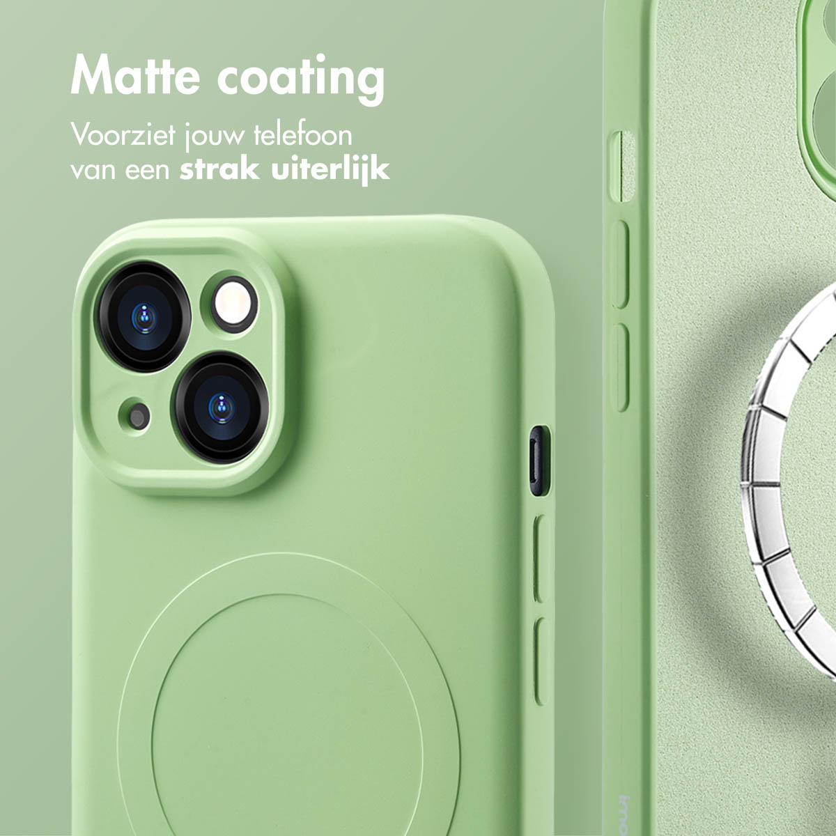 Green phone case with a magnetic ring. The phone is green. The case provides a matte coating.