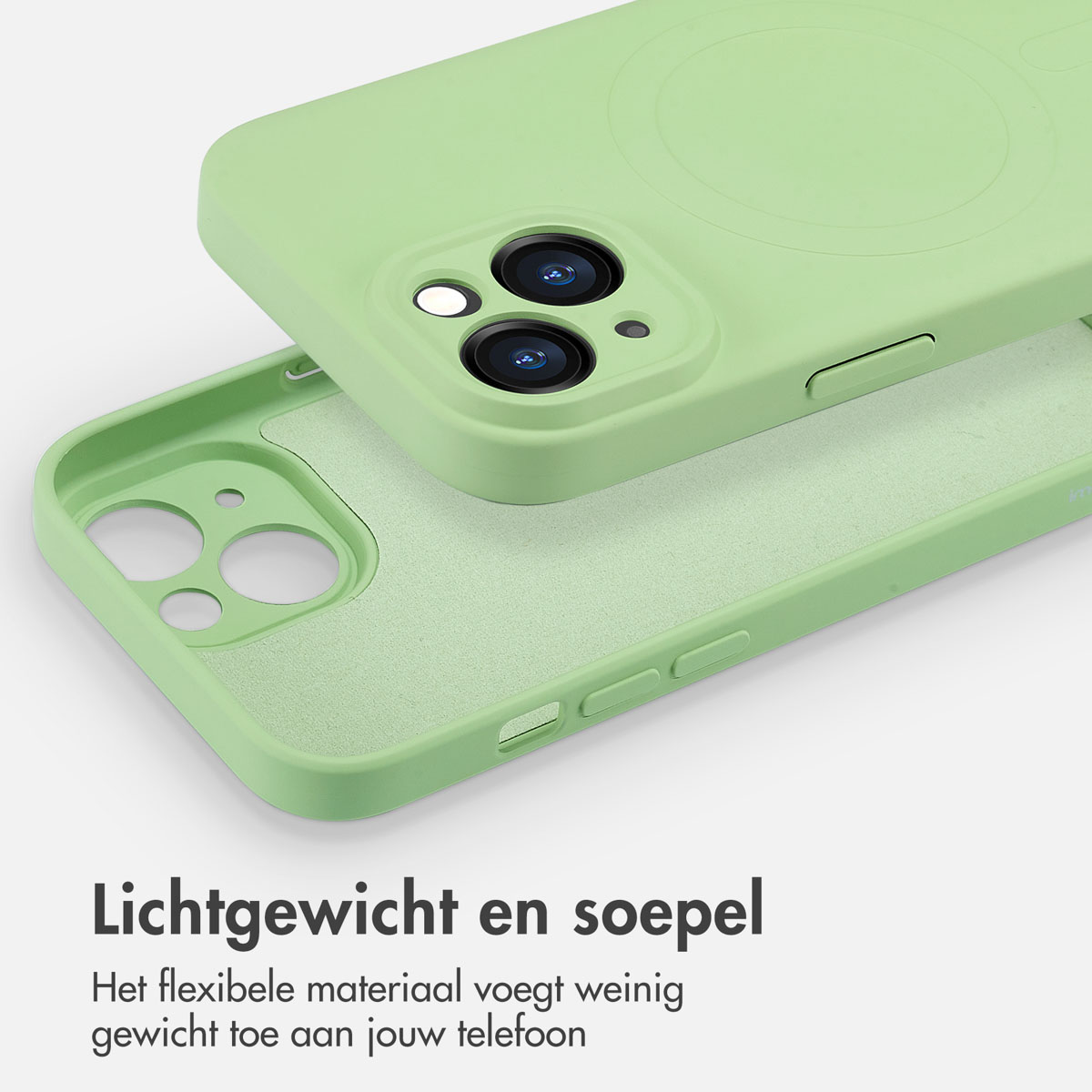 Two light green phone cases, one open. Text: Lightweight and flexible.