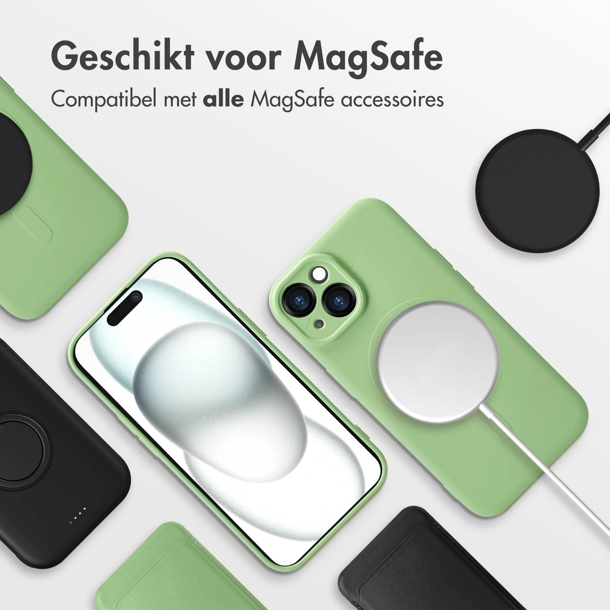 Phone cases and a charging pad. Green and black cases, and a white MagSafe charger are shown.