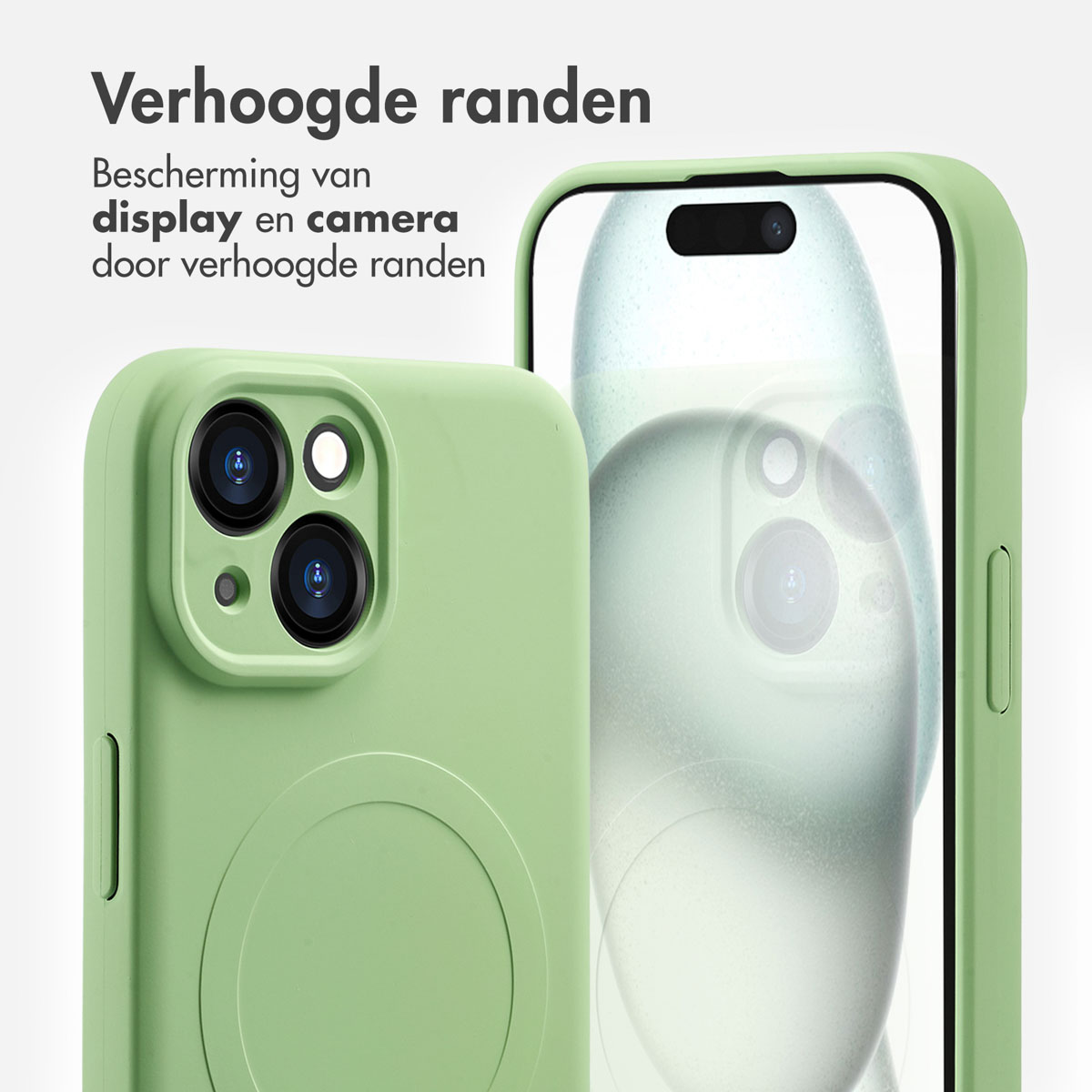 Green phone case, raised edges, protects the display and camera. Phone partially visible.