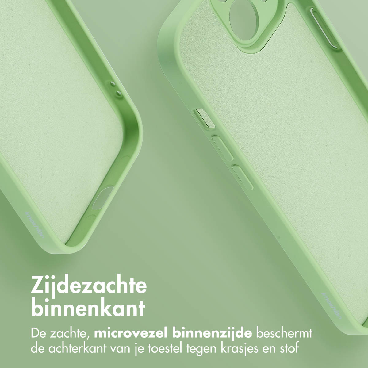 Two green phone cases with a soft interior. The text says: Soft interior.