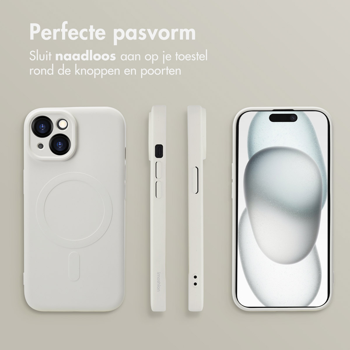 White phone case with a phone screen, side views of the case, and text in the background.