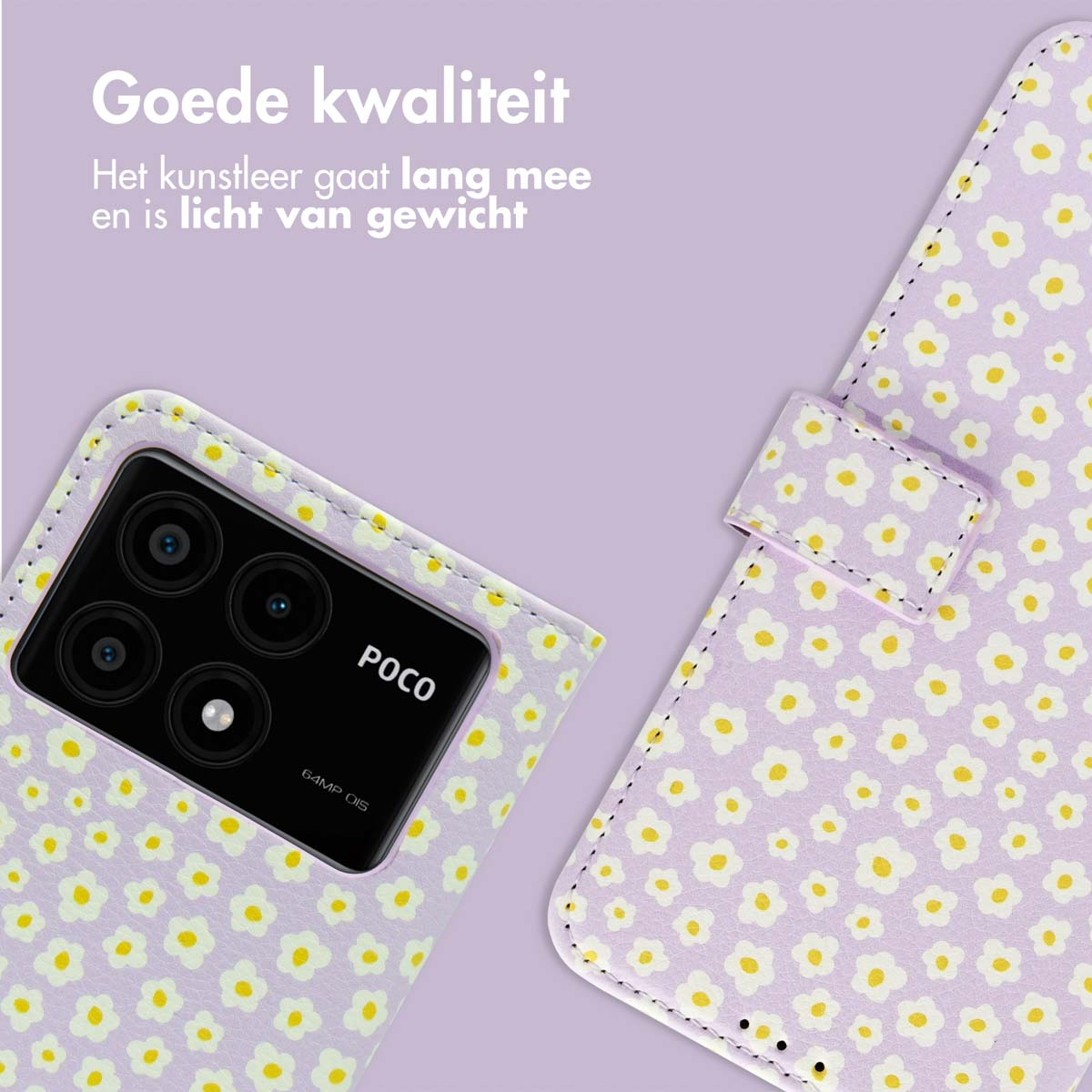 Telefoonhoesje met wit bloemenpatroon op lichtpaarse achtergrond, met telefoon en hoesje open.