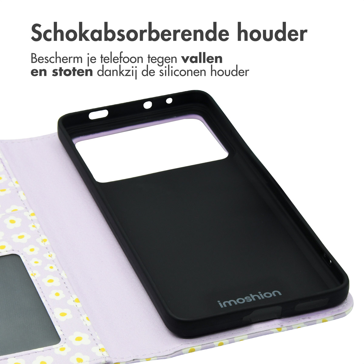 Zwart telefoonhoesje met bloemenontwerp. Open hoesje toont zwart interieur en telefoon.