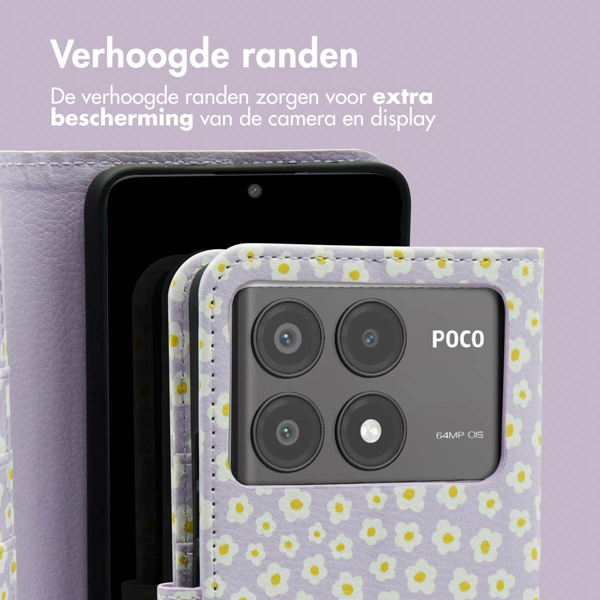 Een telefoonhoesje met een bloemenpatroon, met de camera van de telefoon.